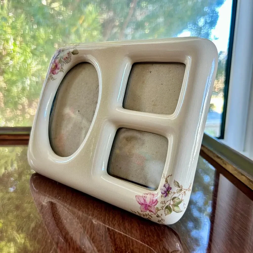 Vintage 1983 Terragrafics Triple Ceramic Floral Photo Frame – Cottagecore Decor